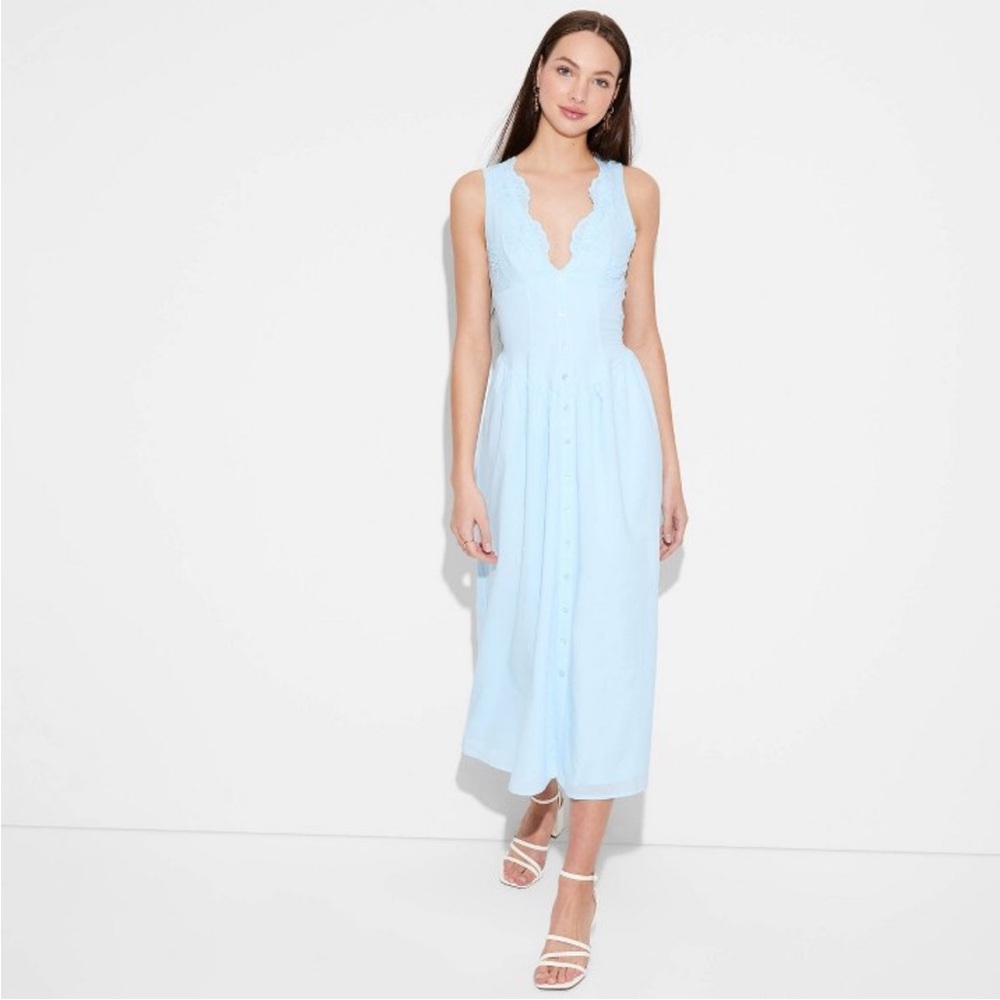 Lace Maxi Sundress Light Blue Cotton Voile, Adjustable Straps, Deep V Neck